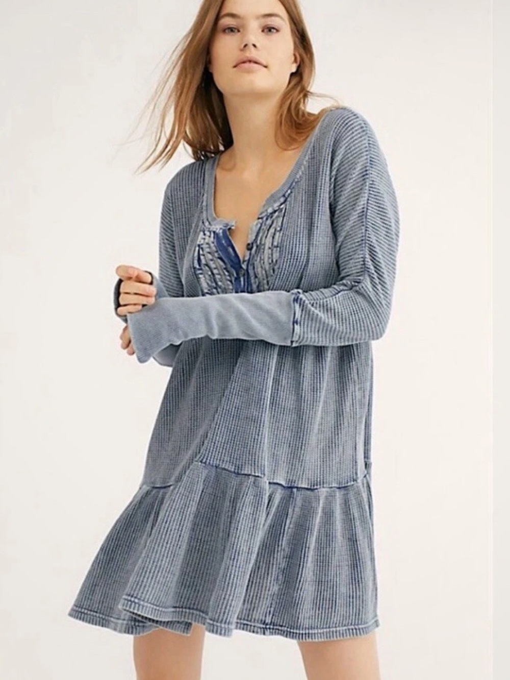 Free People Blue Jolene Waffle Knit Mini Dress Size M